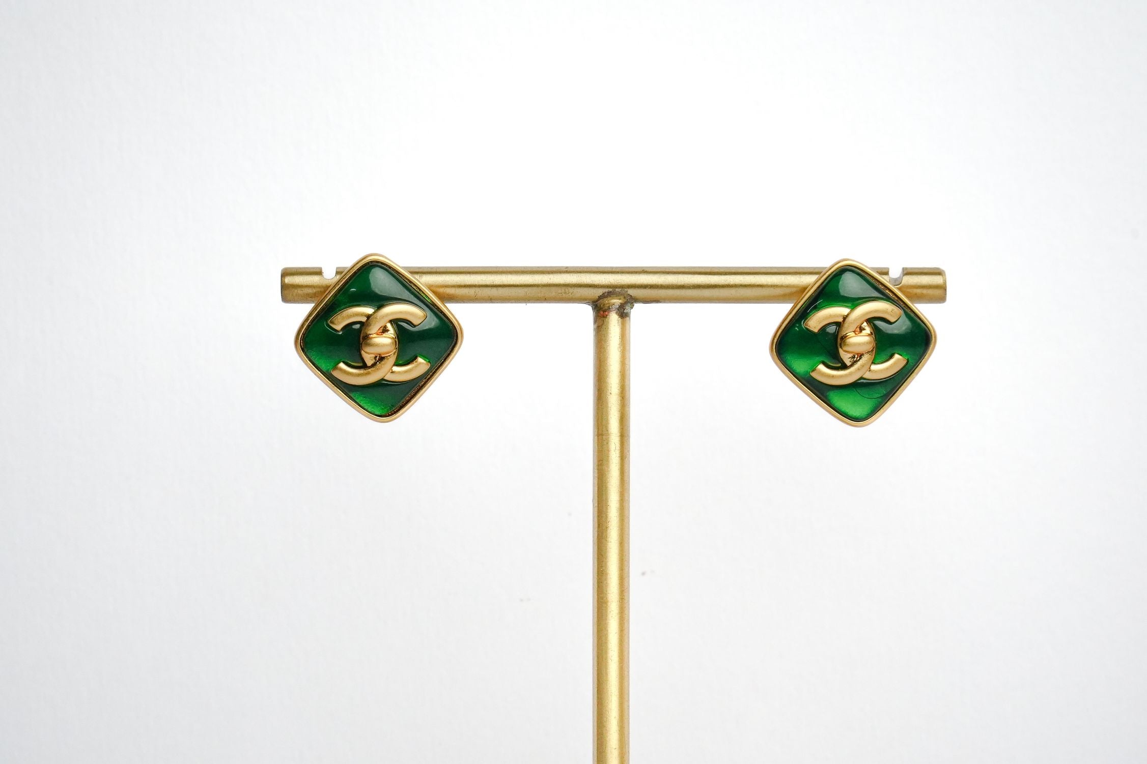 Double C Green Stone Square Studs in Matt Gold | Fashion Earrings