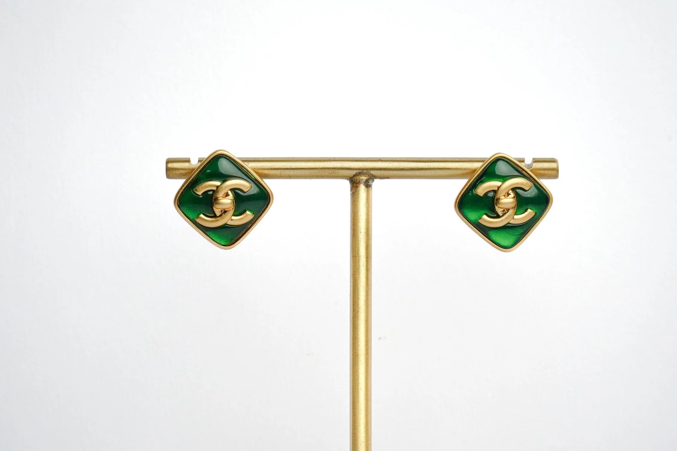 Double C Green Stone Square Studs in Matt Gold | Fashion Earrings