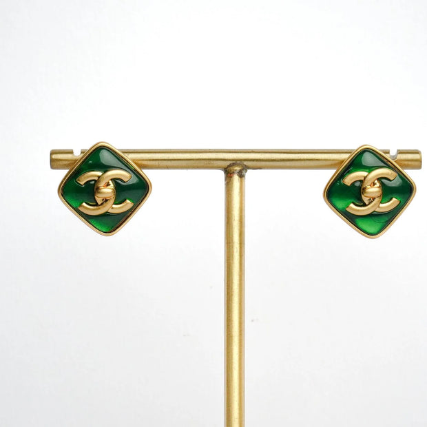 Double C Green Stone Square Studs in Matt Gold | Fashion Earrings