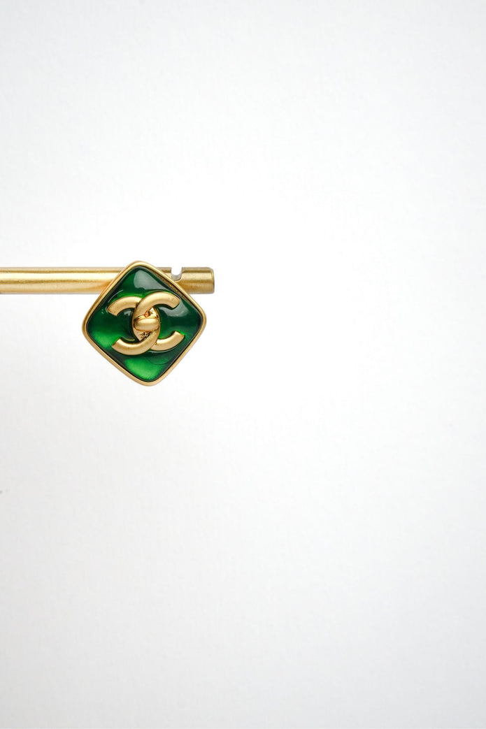 Double C Green Stone Square Studs in Matt Gold | Fashion Earrings