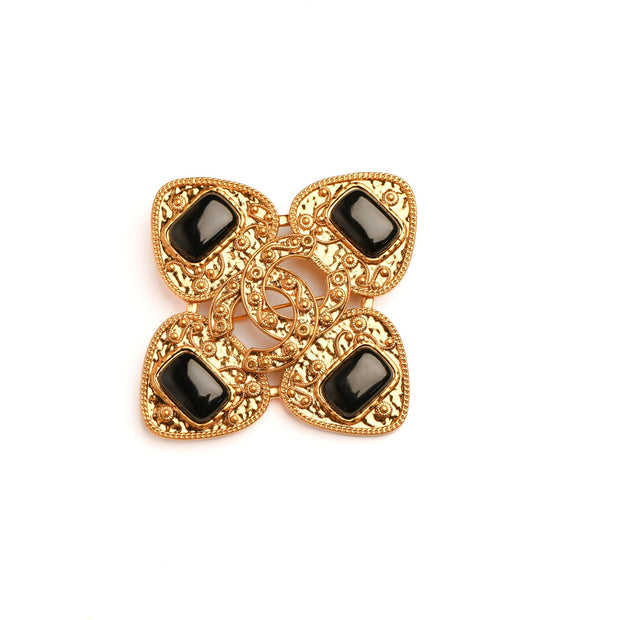 Antique Gold Double C Black Stone Brooch | Designer Inspired Fashion Pin