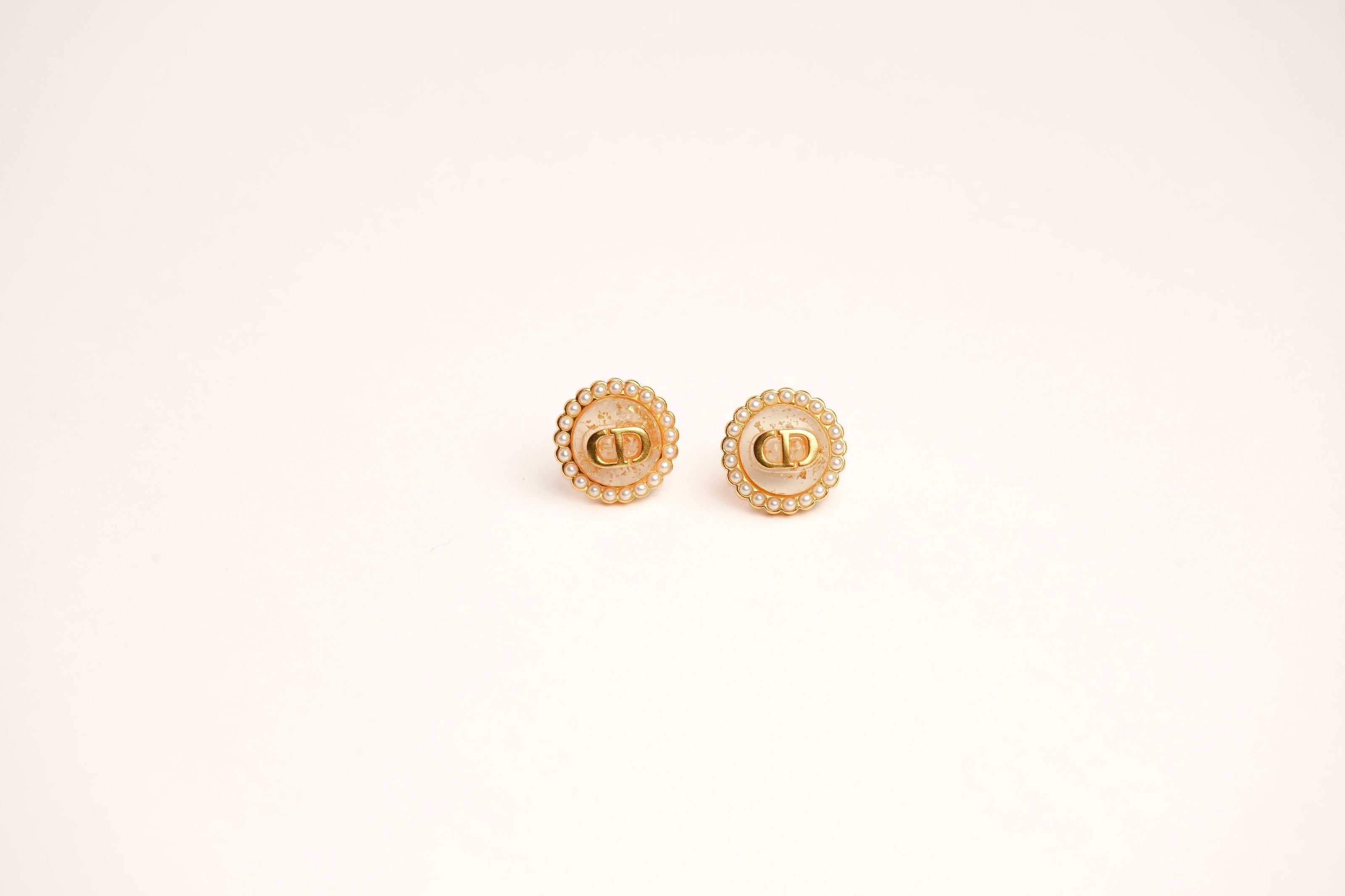 Alphabet CD White Textured Stone Studs with Pearl in Gold | Elegant Earrings