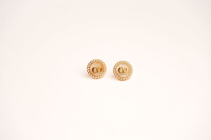 Alphabet CD White Textured Stone Studs with Pearl in Gold | Elegant Earrings