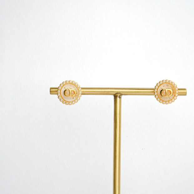 Alphabet CD White Textured Stone Studs with Pearl in Gold | Elegant Earrings