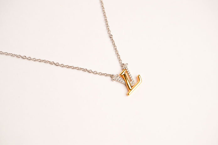 Alphabet L V Platinum Chain with Dual Plated Logo in CZ | Designer Necklace