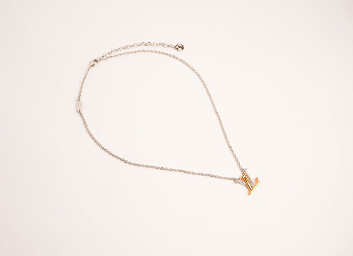 Alphabet L V Platinum Chain with Dual Plated Logo in CZ | Designer Necklace