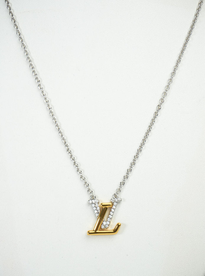 Alphabet L V Platinum Chain with Dual Plated Logo in CZ | Designer Necklace