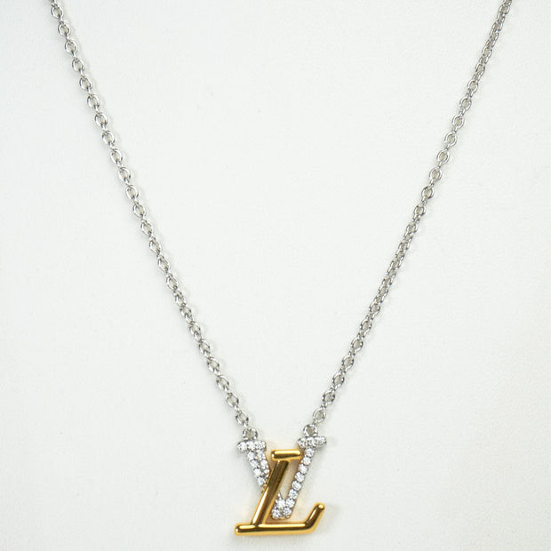 Alphabet L V Platinum Chain with Dual Plated Logo in CZ | Designer Necklace