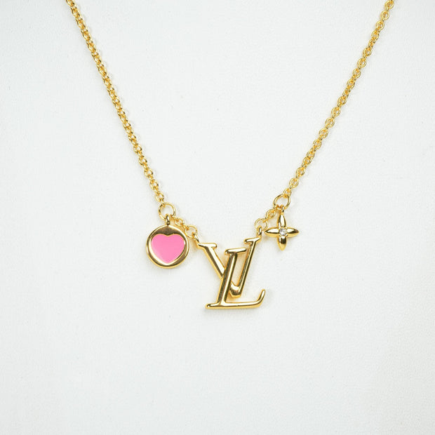Alphabet L V Sleek Gold Chain with Logo and Pink Heart Motif | Love Necklace