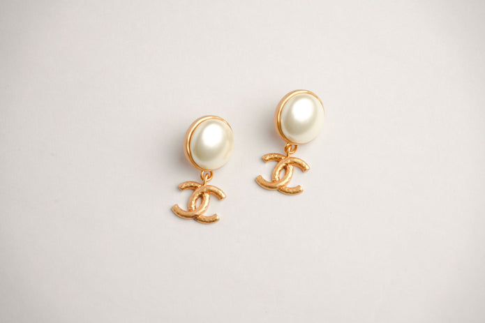 Double C Matt Gold Studs with White Round Pearl | Classic Earrings
