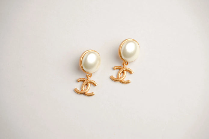 Double C Matt Gold Studs with White Round Pearl | Classic Earrings