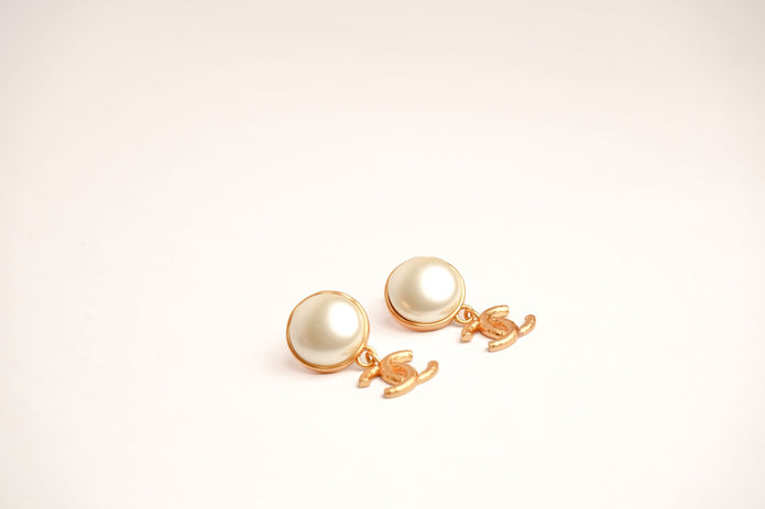 Double C Matt Gold Studs with White Round Pearl | Classic Earrings