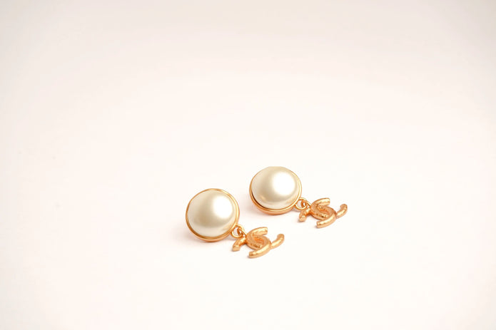 Double C Matt Gold Studs with White Round Pearl | Classic Earrings