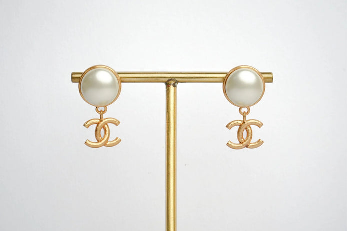 Double C Matt Gold Studs with White Round Pearl | Classic Earrings