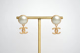 Double C Matt Gold Studs with White Round Pearl | Classic Earrings