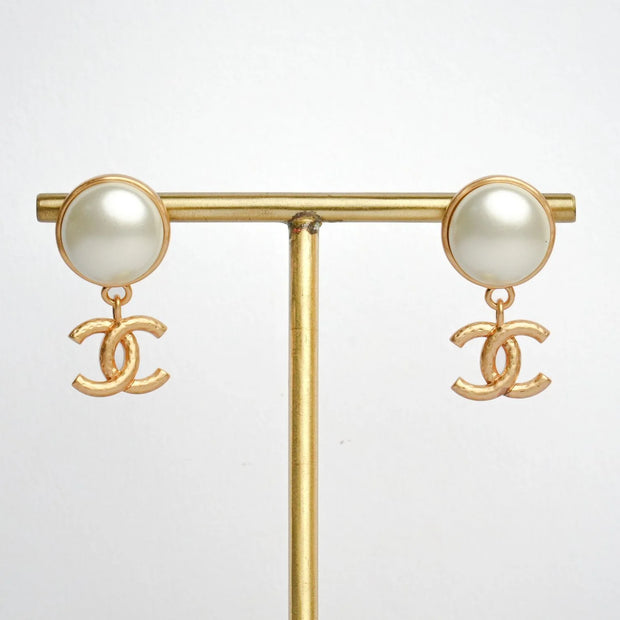 Double C Matt Gold Studs with White Round Pearl | Classic Earrings