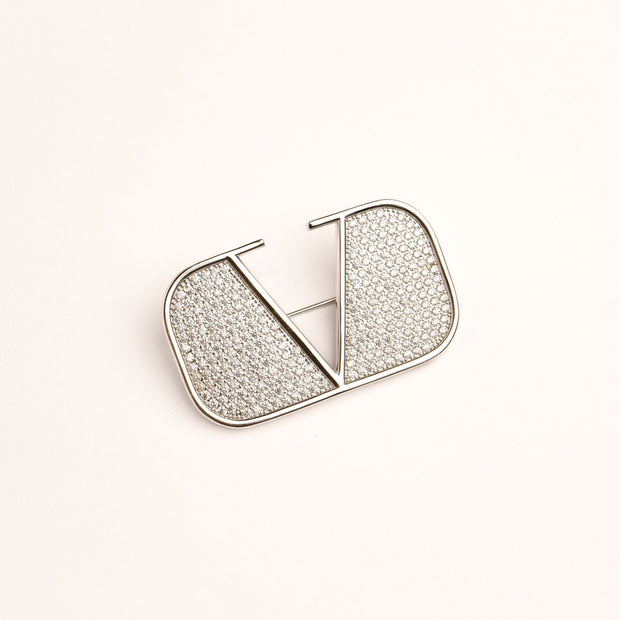 Alphabet V Platinum Plated Brooch with CZ Stones | Elegant Letter Pin