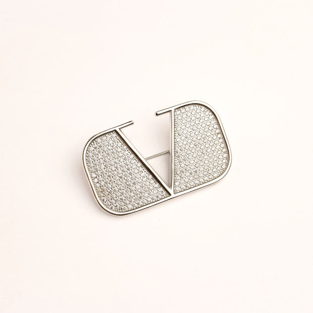 Alphabet V Platinum Plated Brooch with CZ Stones | Elegant Letter Pin