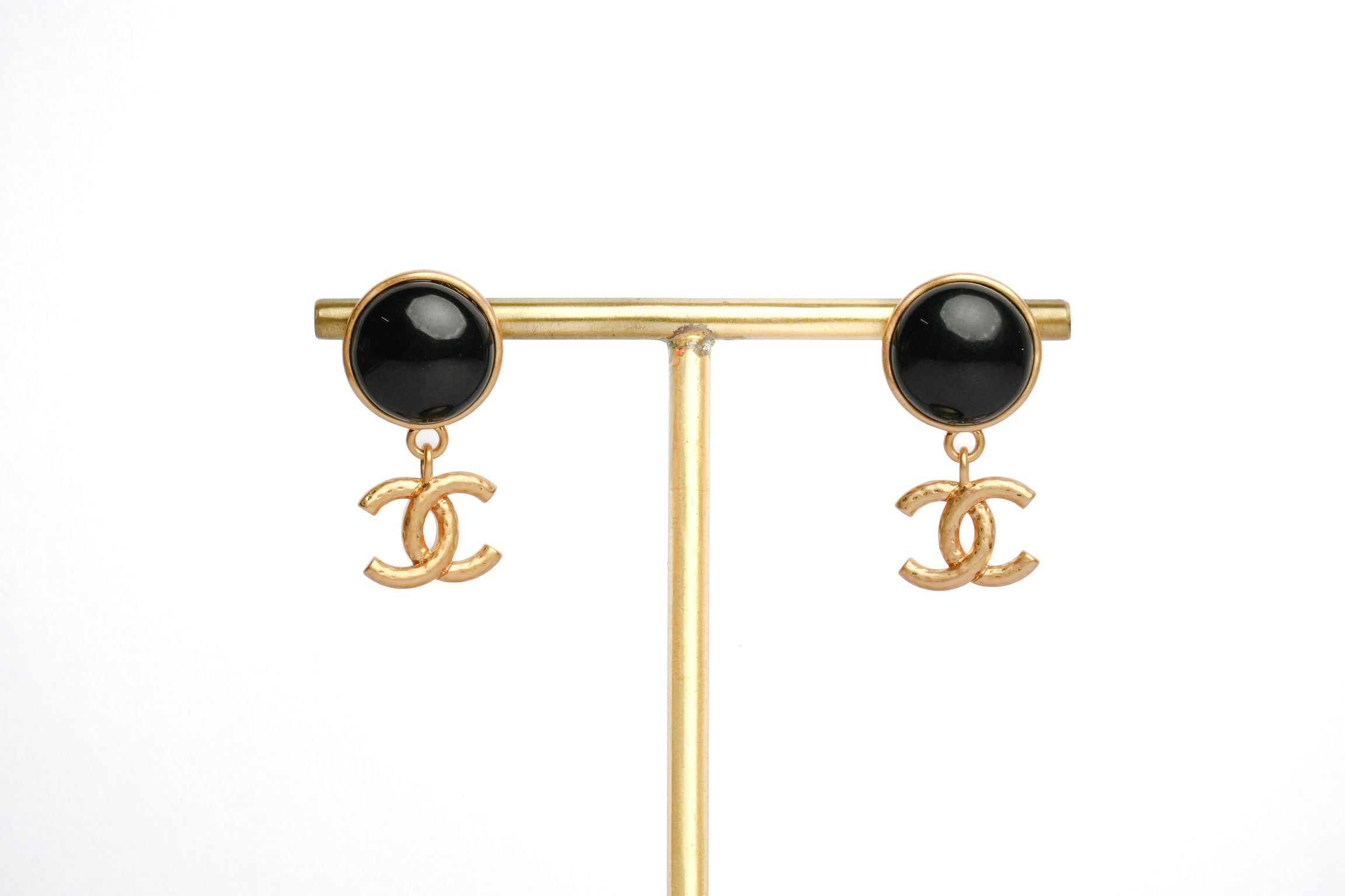 Double C Matt Gold Studs with Black Round Stone | Chic Fashion Earrings