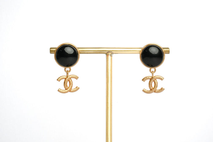 Double C Matt Gold Studs with Black Round Stone | Chic Fashion Earrings
