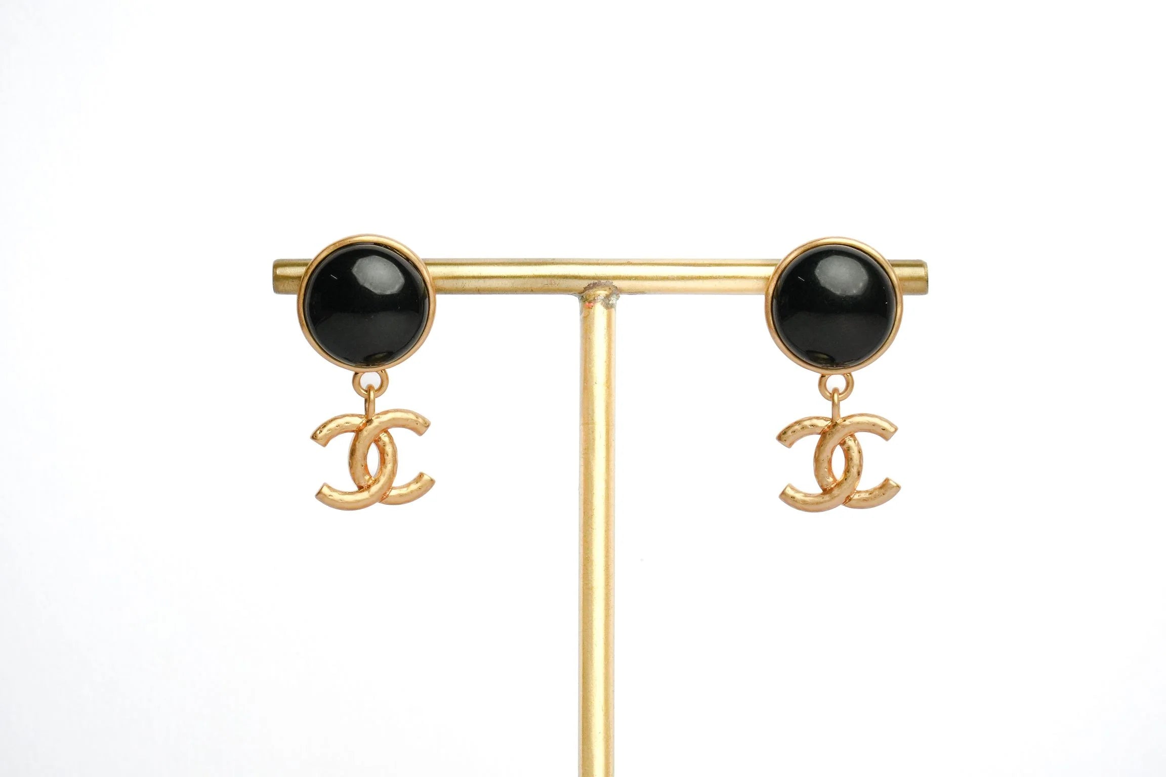 Double C Matt Gold Studs with Black Round Stone | Chic Fashion Earrings