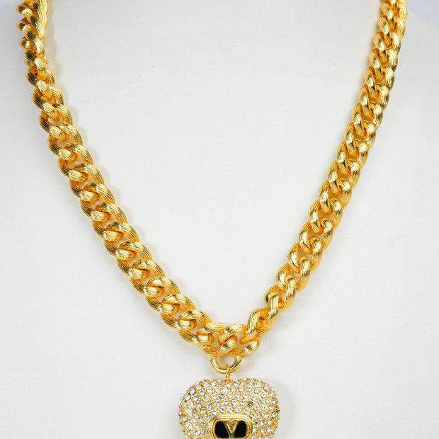 Alphabet V Chunky Gold Chain with Heart Motif in CZ | Statement Necklace