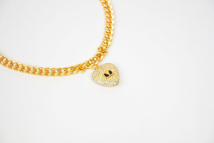 Alphabet V Chunky Gold Chain with Heart Motif in CZ | Statement Necklace