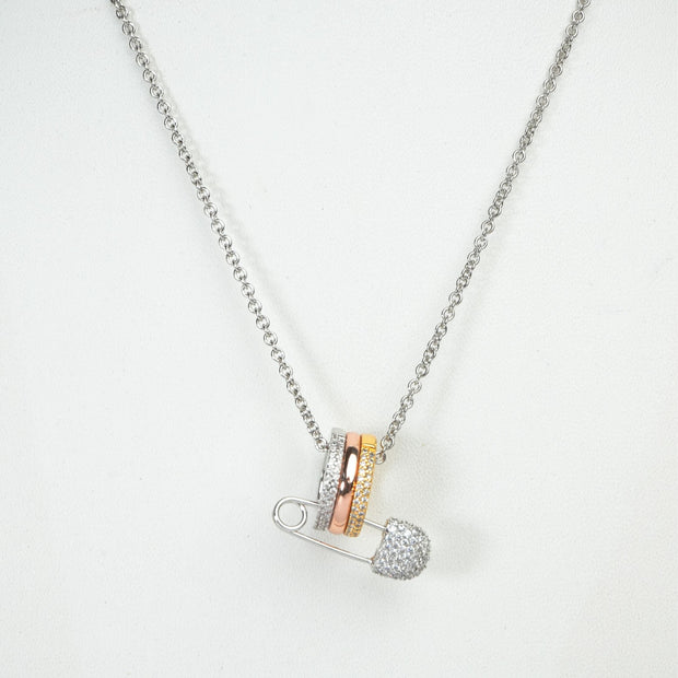 Alphabet C Safety Pin Tri Color Circles Motif Chain in Platinum with CZ | Fashion Necklace