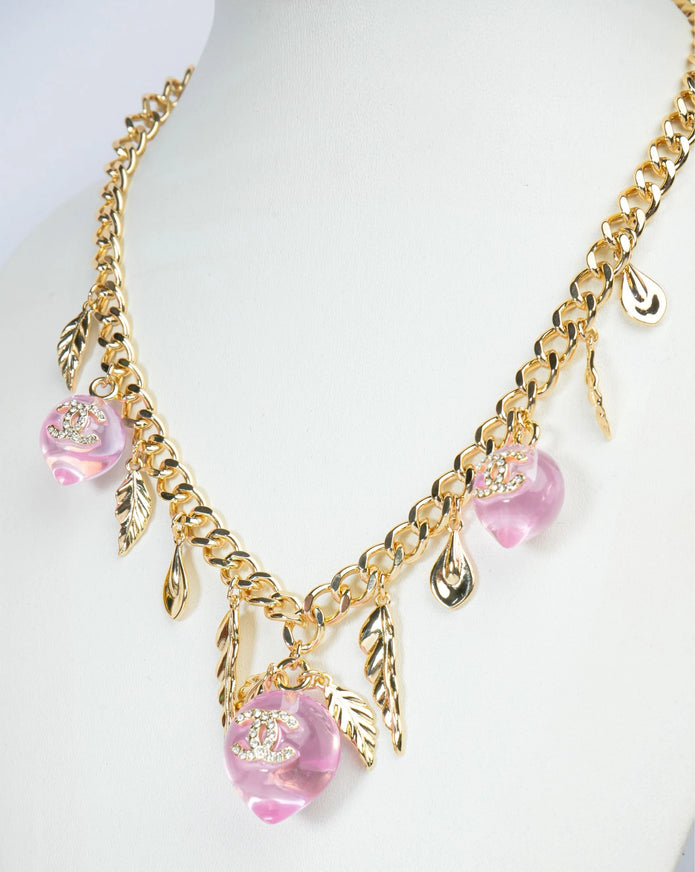 Double C Pink Drop Feather Charms Link Chain in Pale Gold | Luxury Fashion Necklace