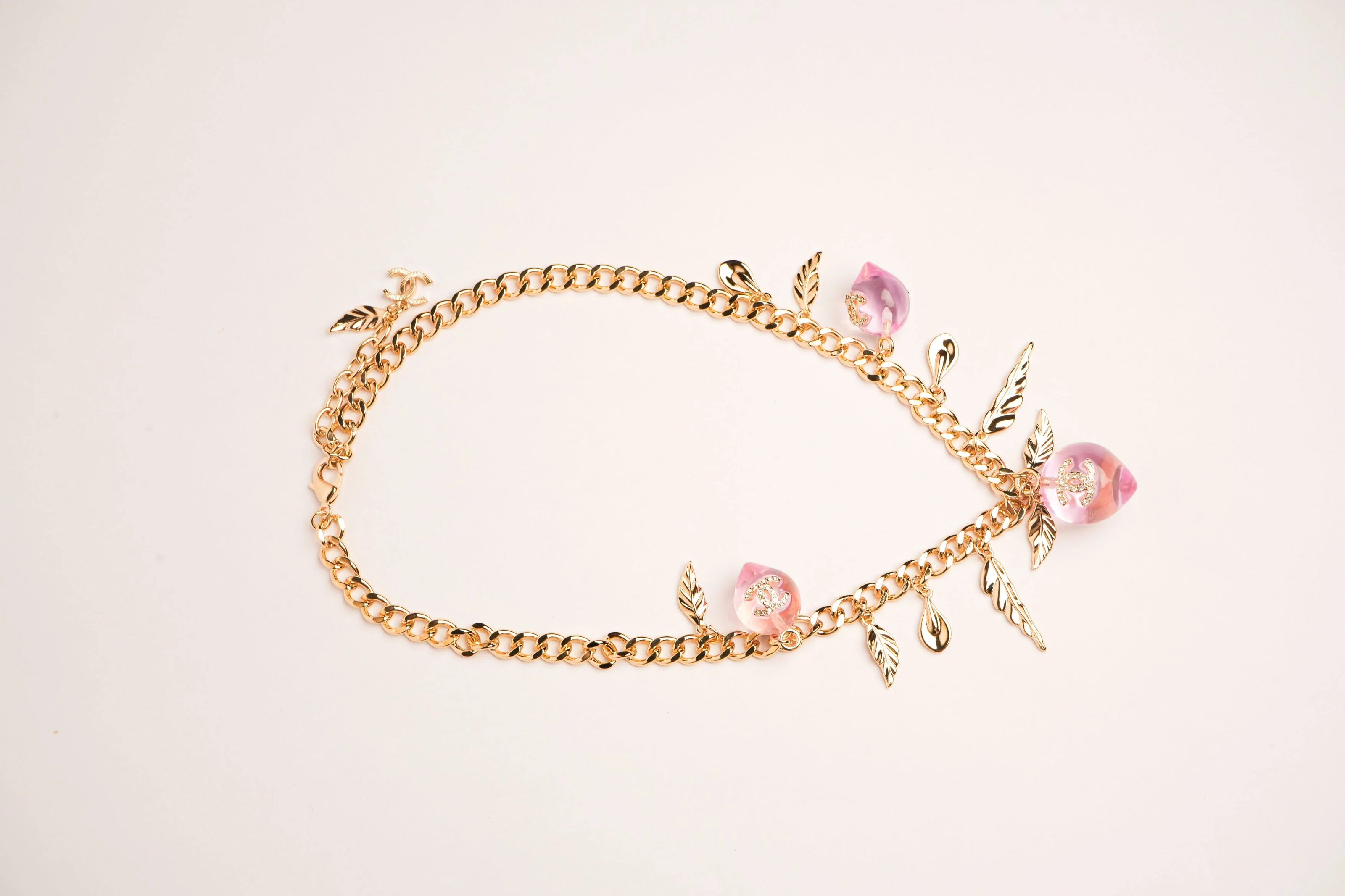 Double C Pink Drop Feather Charms Link Chain in Pale Gold | Luxury Fashion Necklace