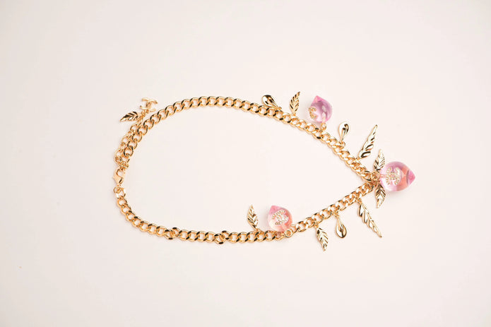 Double C Pink Drop Feather Charms Link Chain in Pale Gold | Luxury Fashion Necklace