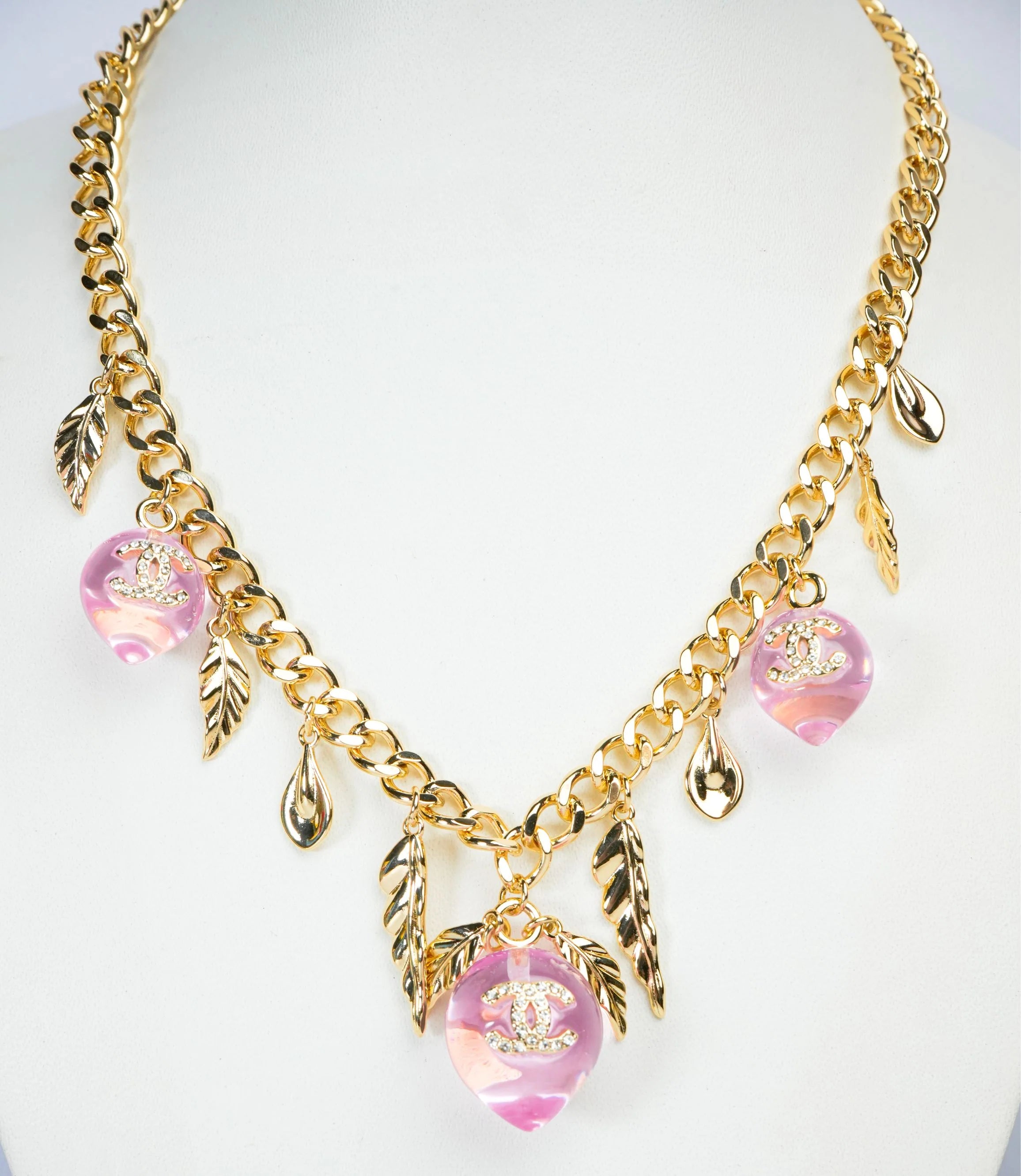 Double C Pink Drop Feather Charms Link Chain in Pale Gold | Luxury Fashion Necklace