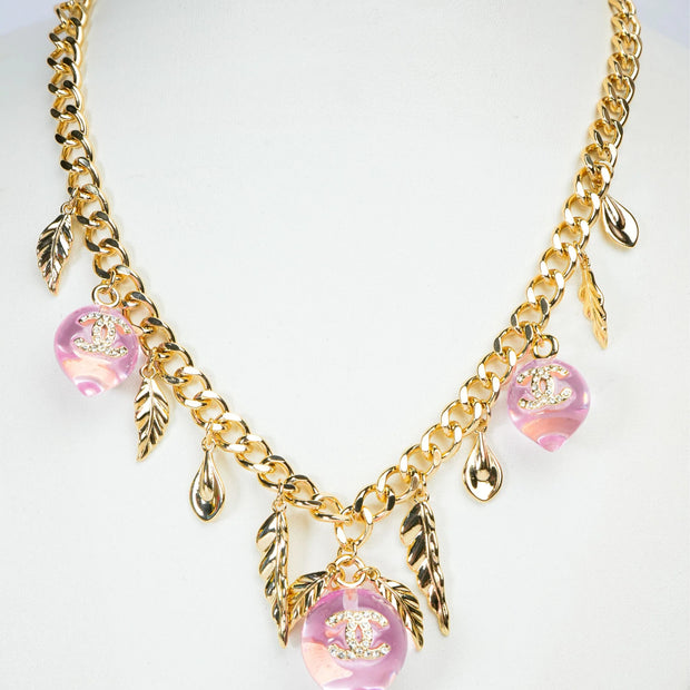 Double C Pink Drop Feather Charms Link Chain in Pale Gold | Luxury Fashion Necklace