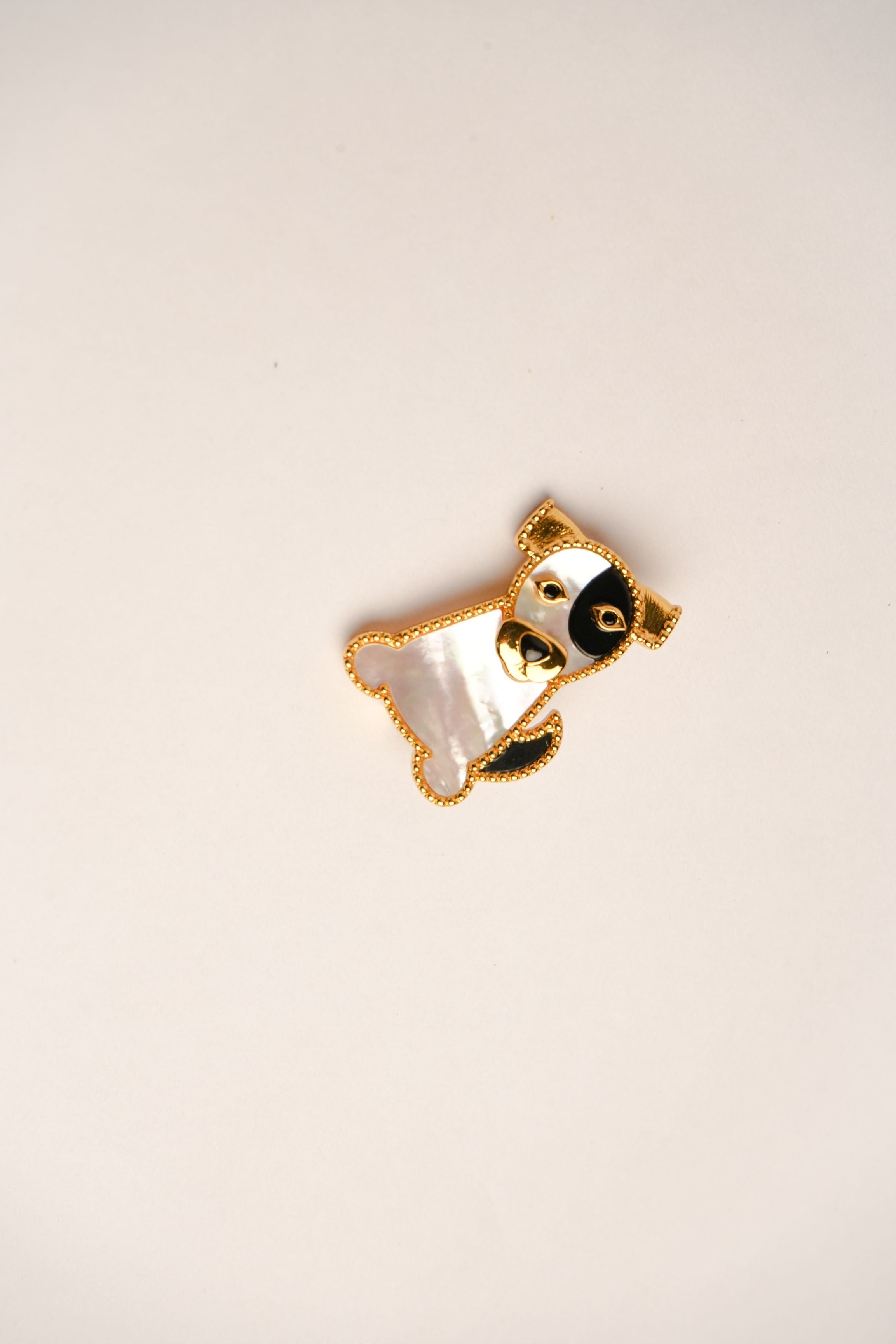 Alphabet VCA White Black MOP Puppy Brooch | Mother of Pearl Dog Pin