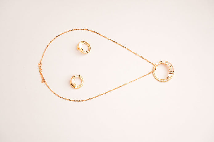 Alphabet BVL White MOP CZ Pendant Set with Gold Chain | Designer Jewelry Set