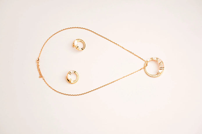 Alphabet BVL White MOP CZ Pendant Set with Gold Chain | Designer Jewelry Set