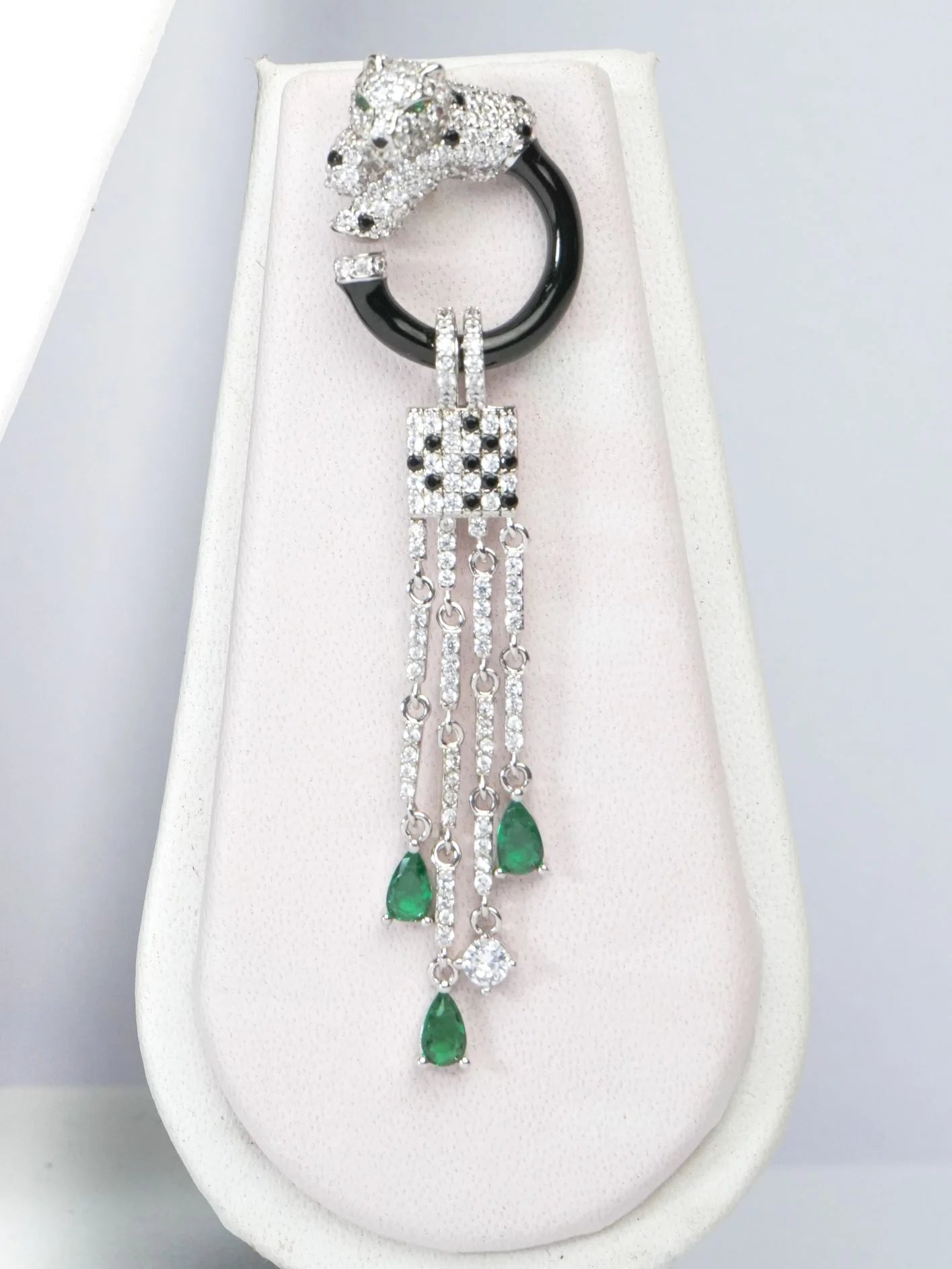Alphabet C Panther Chain Set in Platinum with Black Circle Green Drops | Luxury Jewelry Set