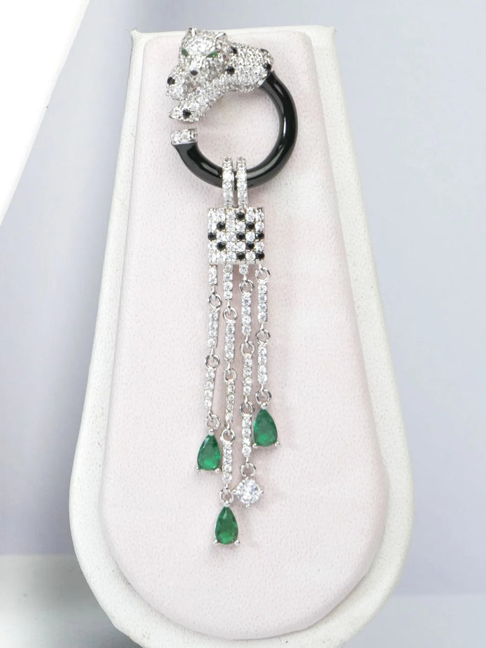Alphabet C Panther Chain Set in Platinum with Black Circle Green Drops | Luxury Jewelry Set
