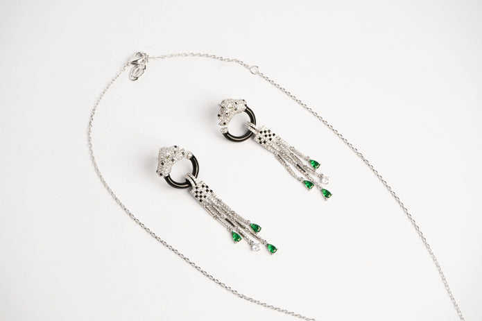 Alphabet C Panther Chain Set in Platinum with Black Circle Green Drops | Luxury Jewelry Set