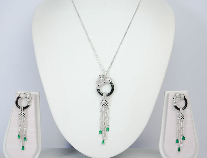Alphabet C Panther Chain Set in Platinum with Black Circle Green Drops | Luxury Jewelry Set