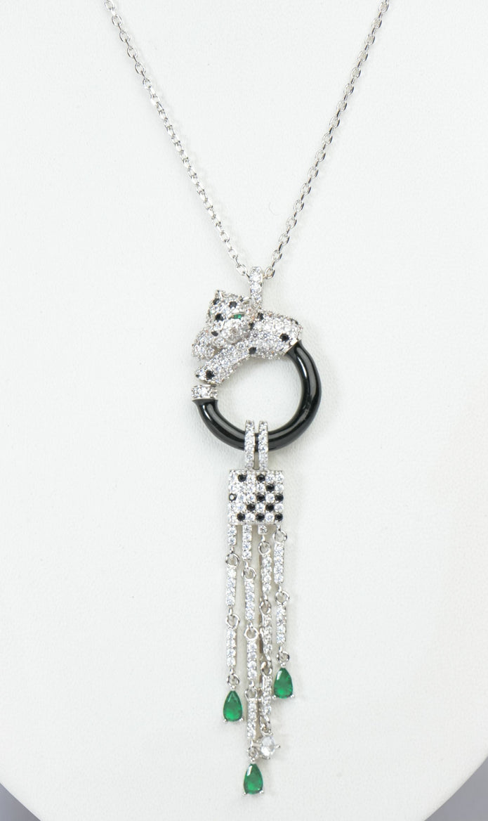 Alphabet C Panther Chain Set in Platinum with Black Circle Green Drops | Luxury Jewelry Set