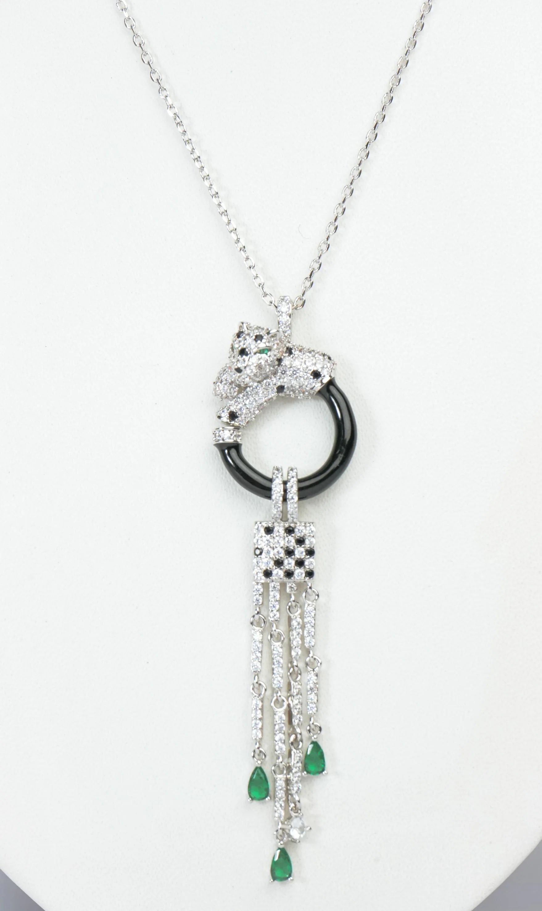 Alphabet C Panther Chain Set in Platinum with Black Circle Green Drops | Luxury Jewelry Set