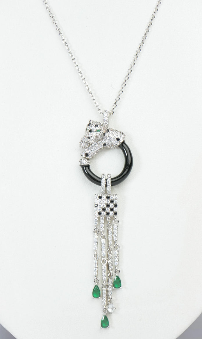 Alphabet C Panther Chain Set in Platinum with Black Circle Green Drops | Luxury Jewelry Set
