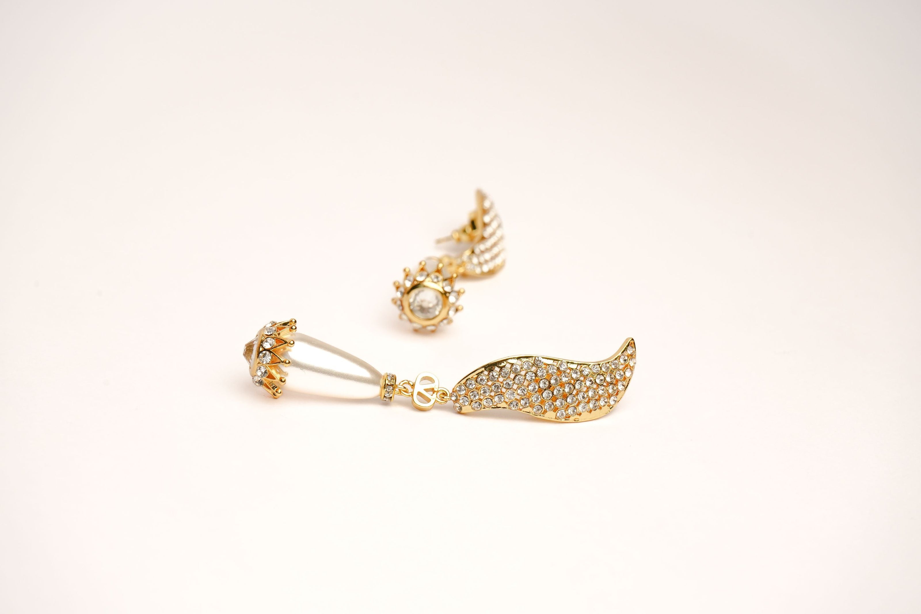 Alphabet V Long Pearl Dangler with CZ in Gold Plating | Luxury Drop Earrings