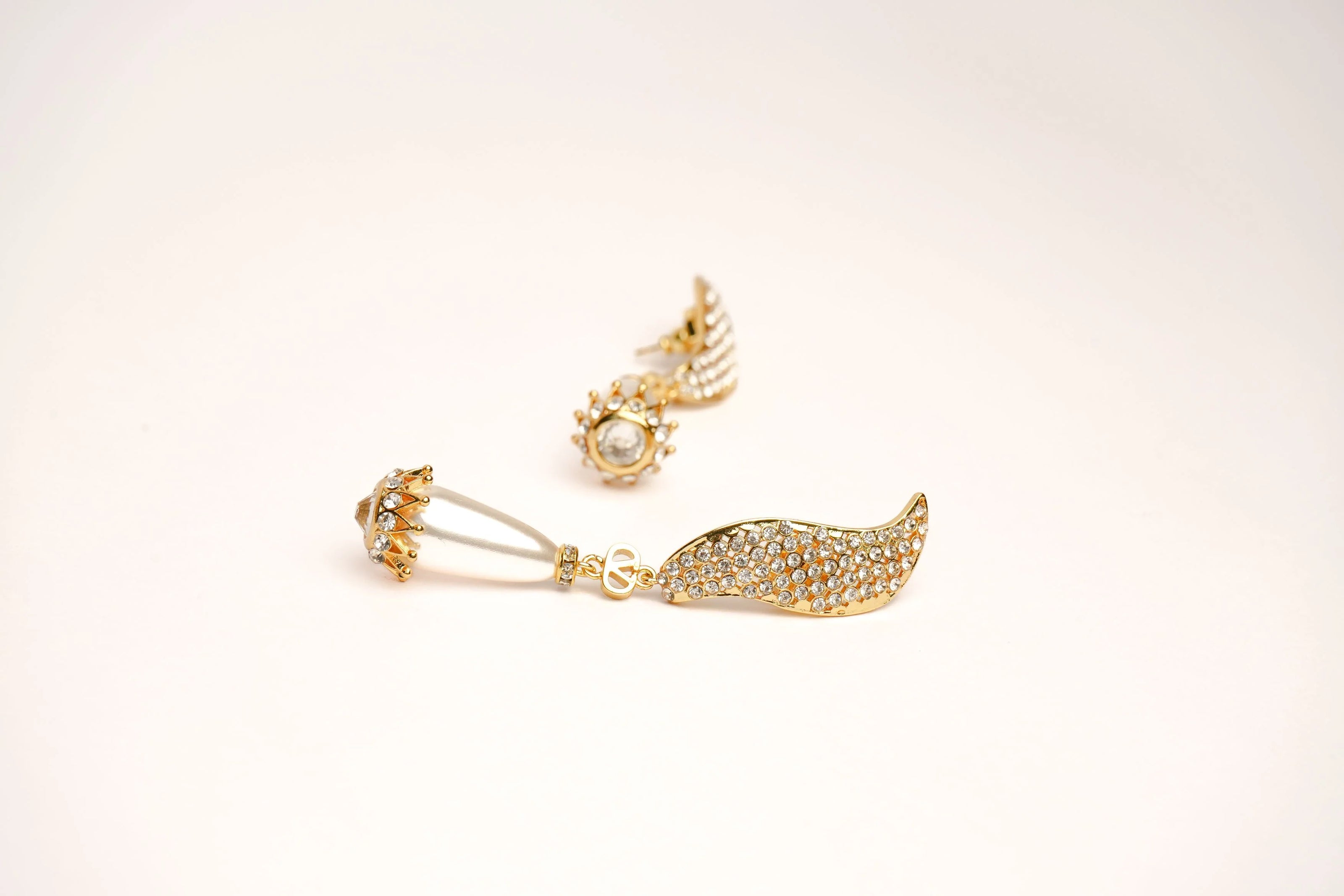 Alphabet V Long Pearl Dangler with CZ in Gold Plating | Luxury Drop Earrings