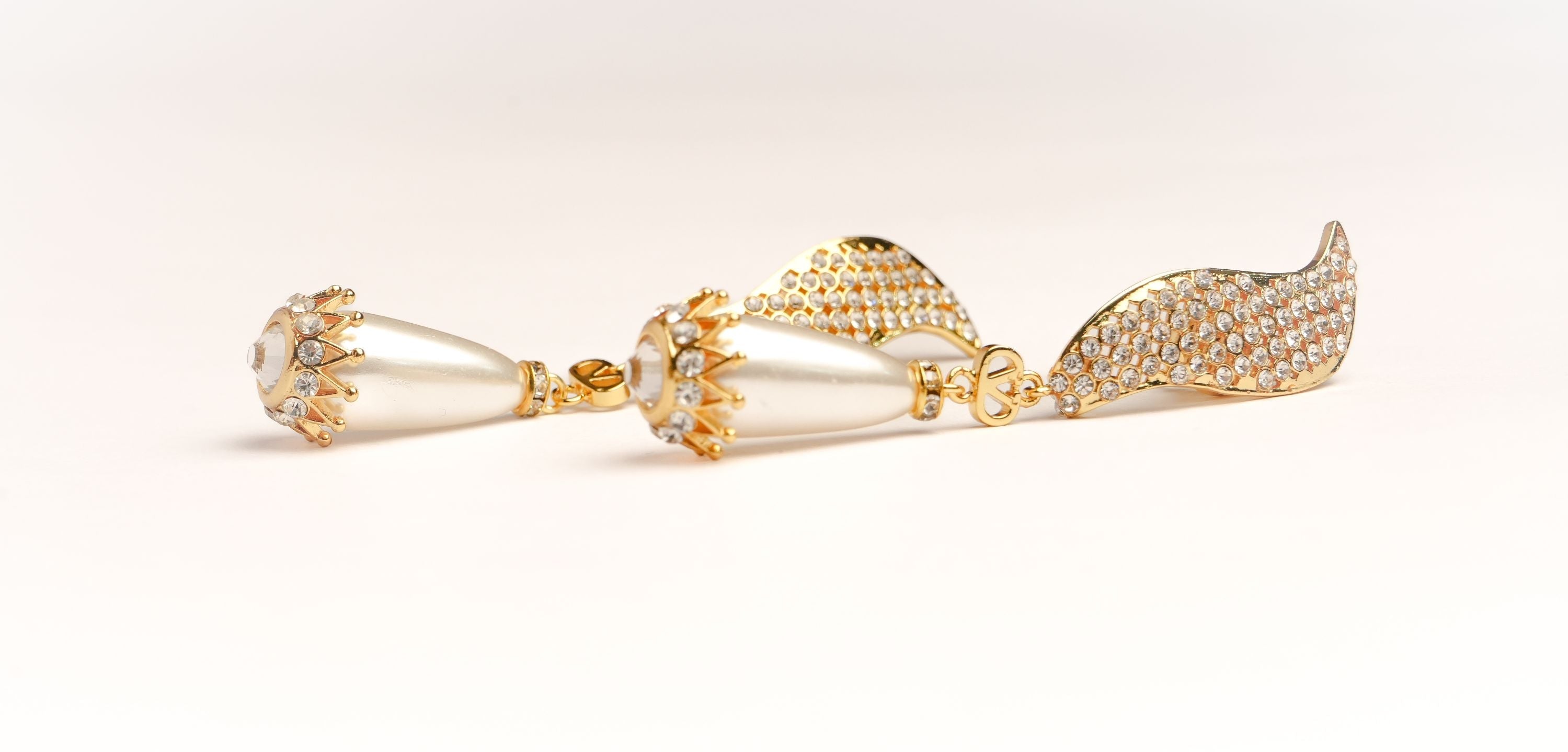 Alphabet V Long Pearl Dangler with CZ in Gold Plating | Luxury Drop Earrings