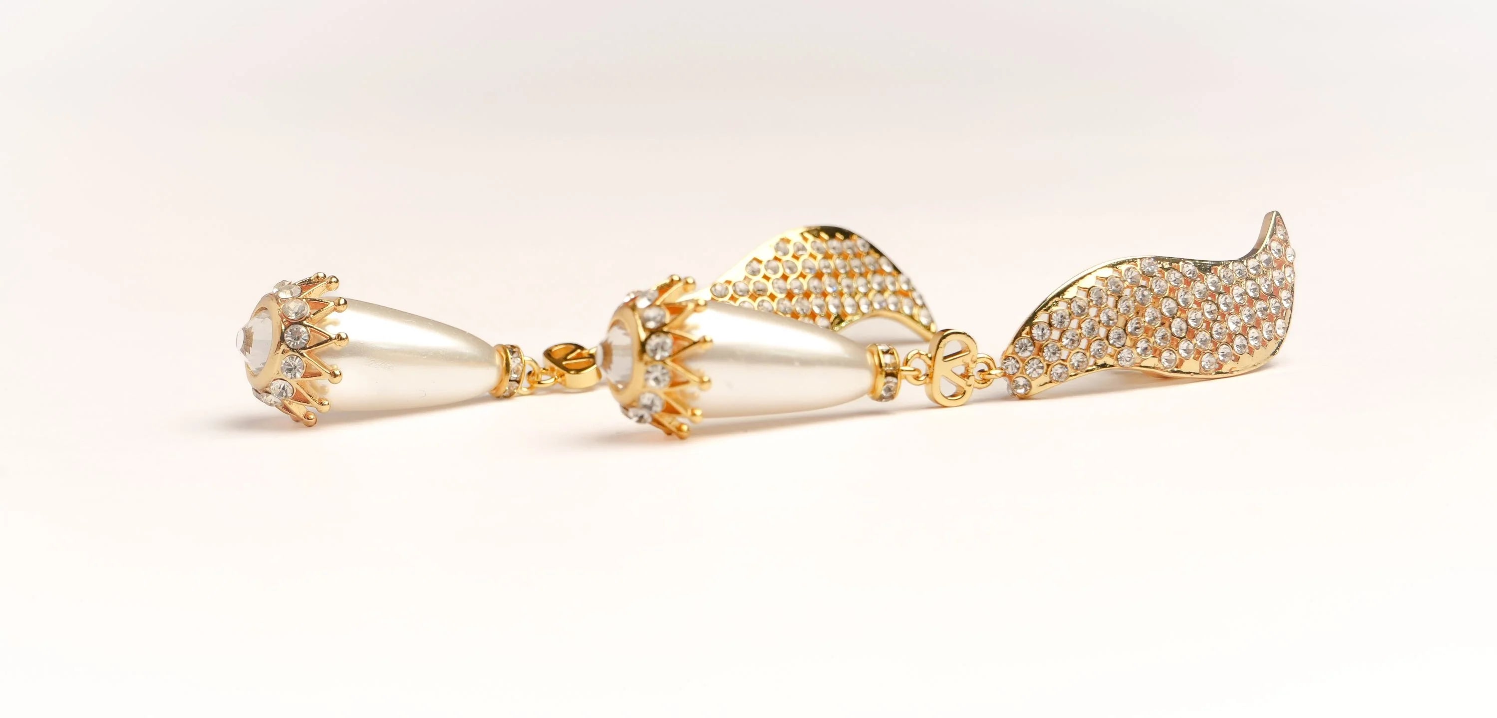 Alphabet V Long Pearl Dangler with CZ in Gold Plating | Luxury Drop Earrings