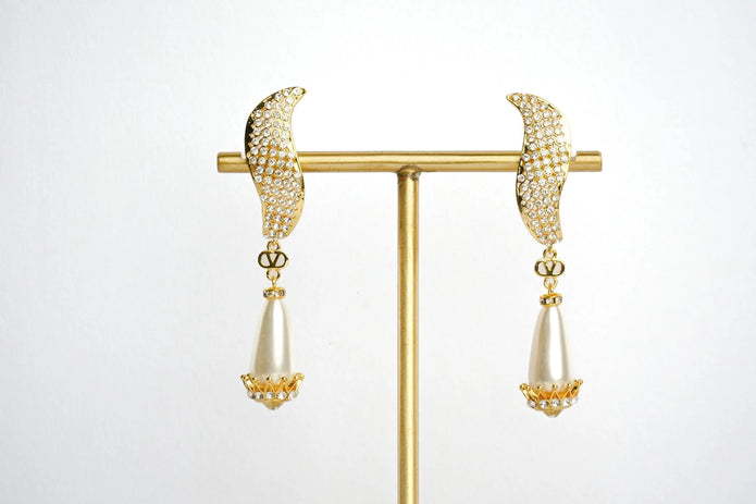 Alphabet V Long Pearl Dangler with CZ in Gold Plating | Luxury Drop Earrings