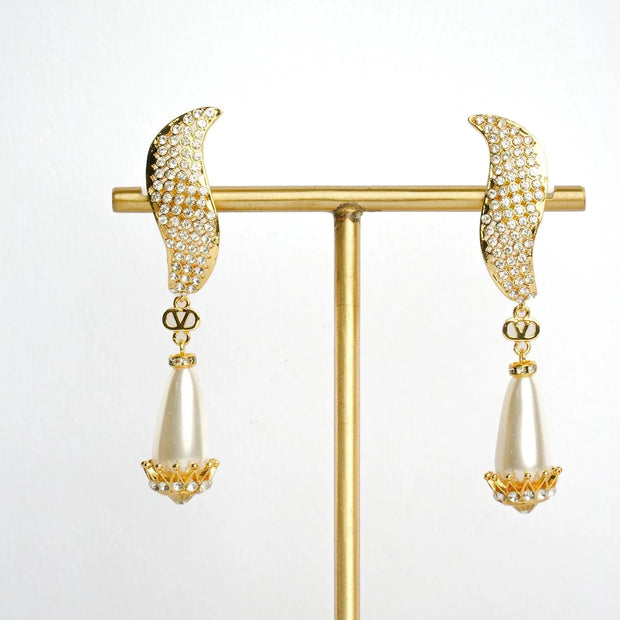 Alphabet V Long Pearl Dangler with CZ in Gold Plating | Luxury Drop Earrings