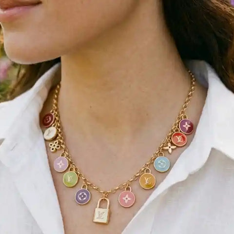 Gold Plated Multicolor Alphabet LV Charm Necklace